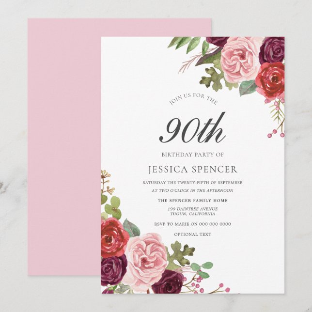Invitation Blush & Bourgogne Floral 90e anniversaire Invitati (Devant / Derrière)