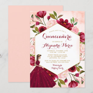 Invitation Blush Bourgogne Floral Gold Gown Quinceanera