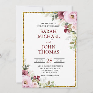 Invitation Blush Bourgogne Floral Moderne Mariage cadre or 
