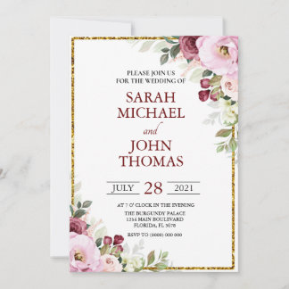 Invitation Blush Bourgogne Floral Moderne Mariage cadre or 