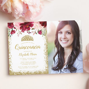 Invitation Blush Bourgogne Floral Or Tiara Quinceanera Photo