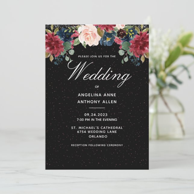 Invitation Blush Bourgogne Floral Rose Gold Accents Mariage (Debout devant)