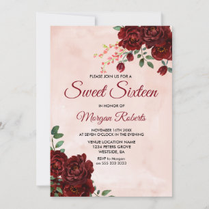 Invitation Blush Bourgogne Rouge Rose Floral Sweet 16 Invitat