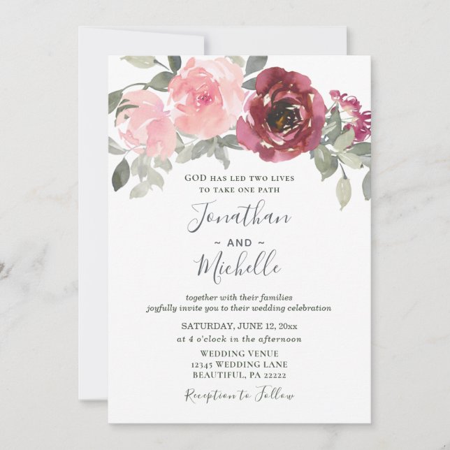Invitation Blush Burgundy Argent Floral Mariage chrétien (Devant)