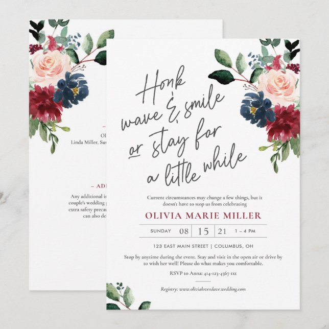 Invitation Blush Burgundy et Navy Drive Par Fête des mariées (Devant / Derrière)
