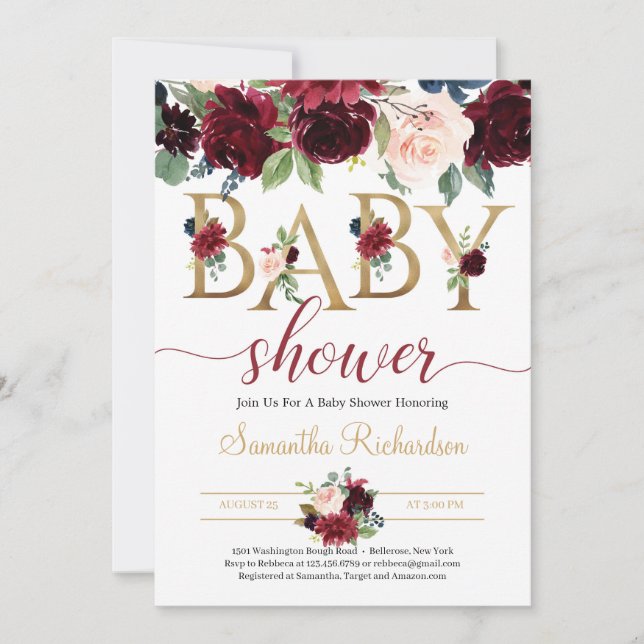 Invitation Blush Burgundy et Navy Floral Boho Baby shower (Devant)