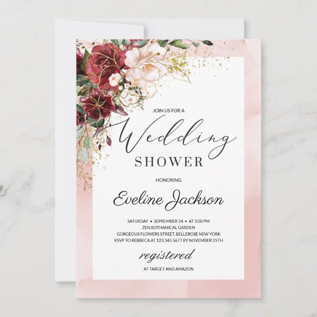 Invitation Blush Burgundy Floral Boho Wedding shower Invitati (Devant)