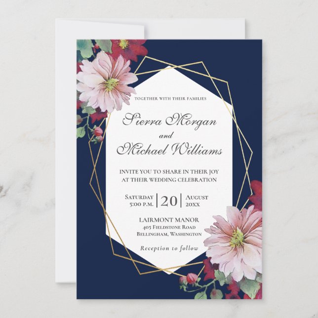 Invitation Blush Burgundy Floral Navy Gold Mariage géométriqu (Devant)