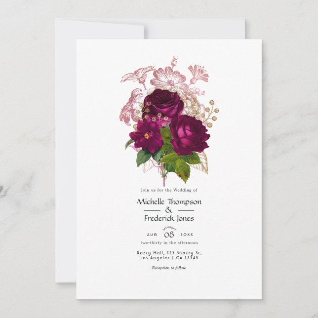 Invitation Blush Burgundy Gold Shabby Floral Mariage QR Code (Devant)