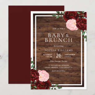 Invitation Blush & Burgundy Red Roses Rustique Baby shower en