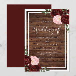Invitation Blush & Burgundy Red Roses Rustique Mariage en boi