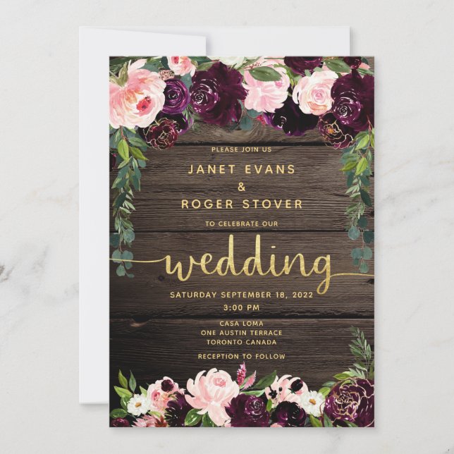 Invitation Blush Burgundy Rustic Mariage de calligraphie or (Devant)