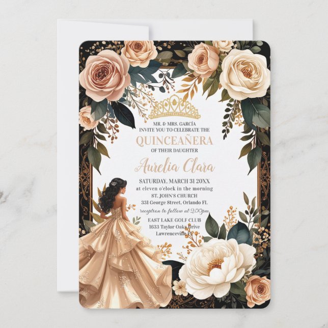 Invitation Blush Champagne Ivory Floral Princess Quinceanera  (Devant)