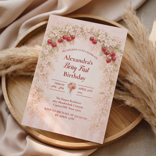 Invitation Blush Cherry Botanical Party 1st Birthday (Créateur téléchargé)