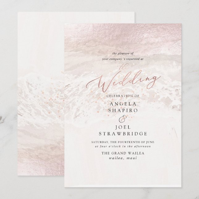 Invitation Blush Coastal+Champagne Bulles Mariage élégant (Devant / Derrière)