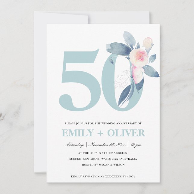 INVITATION BLUSH DOUX BLEU FLORAL 50ÈME ANNIVERSAIRE TOUTE AN (Devant)