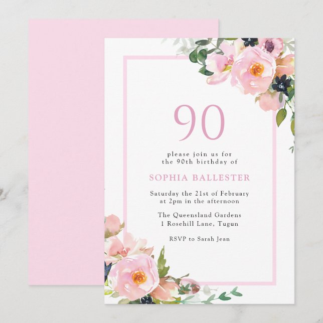Invitation Blush Dreams Floral Womans 90ème anniversaire fête (Devant / Derrière)