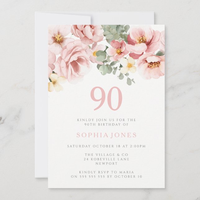 Invitation Blush Dusty Rose Floral 90h fête d'anniversaire (Devant)