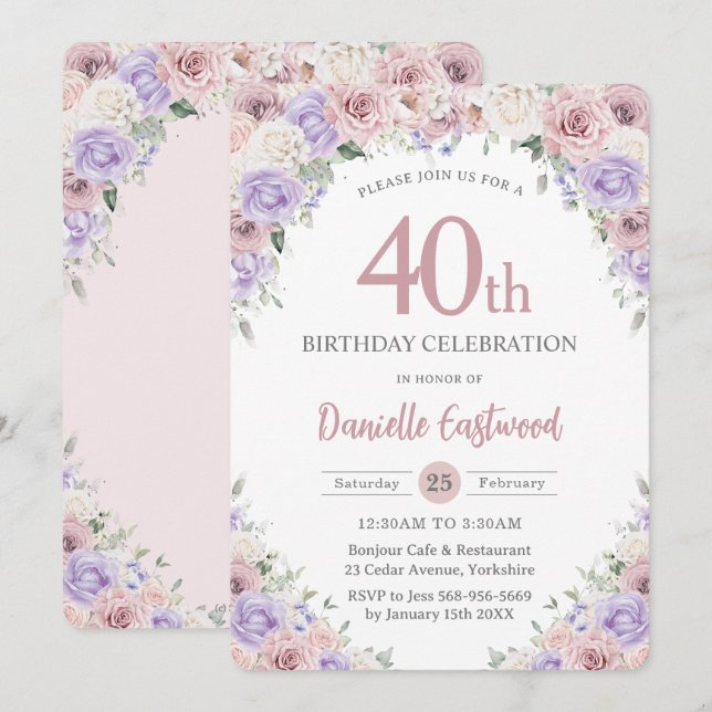 Invitation Blush Dusty rose violet Floral 40e 60e anniversair (Devant / Derrière)