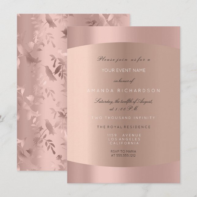 Invitation Blush Élégant Rose Doré Colibri Floral Formel (Devant / Derrière)