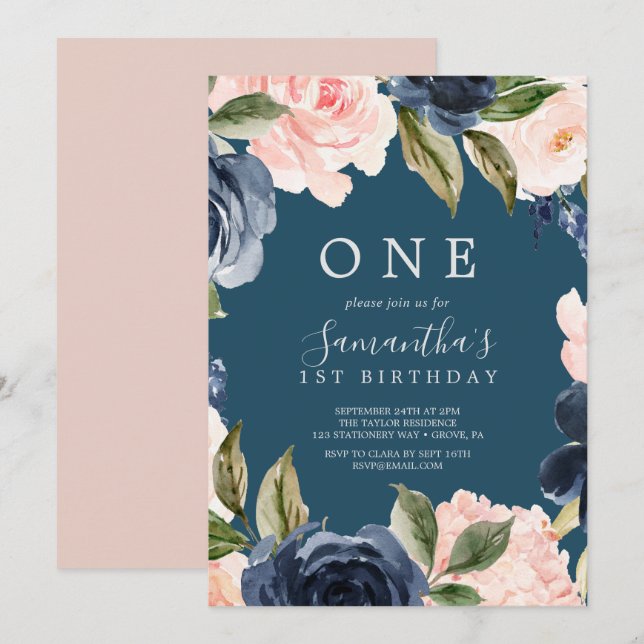 Invitation Blush et Navy Flowers Blue Wreath Premier annivers (Devant / Derrière)