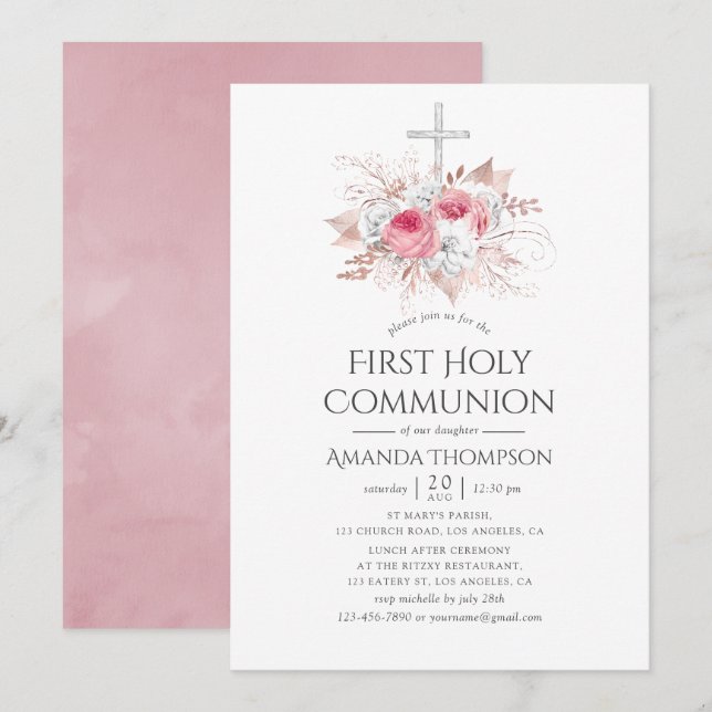 Invitation Blush et Rose Gold Floral Première communion saint (Devant / Derrière)