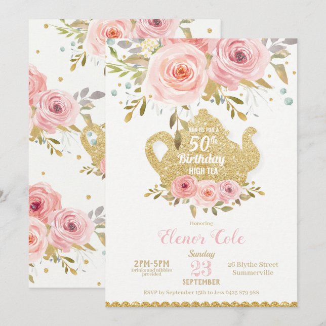 Invitation Blush Floral 50e anniversaire High Tea Party N'IMP (Devant / Derrière)