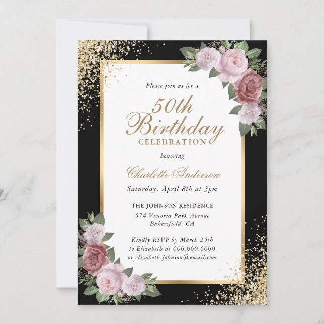 Invitation Blush Floral Black Gold Confetti 50e anniversaire (Devant)