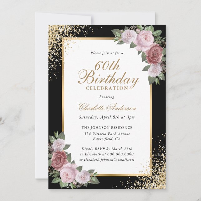 Invitation Blush Floral Black Gold Confetti 60e anniversaire (Devant)