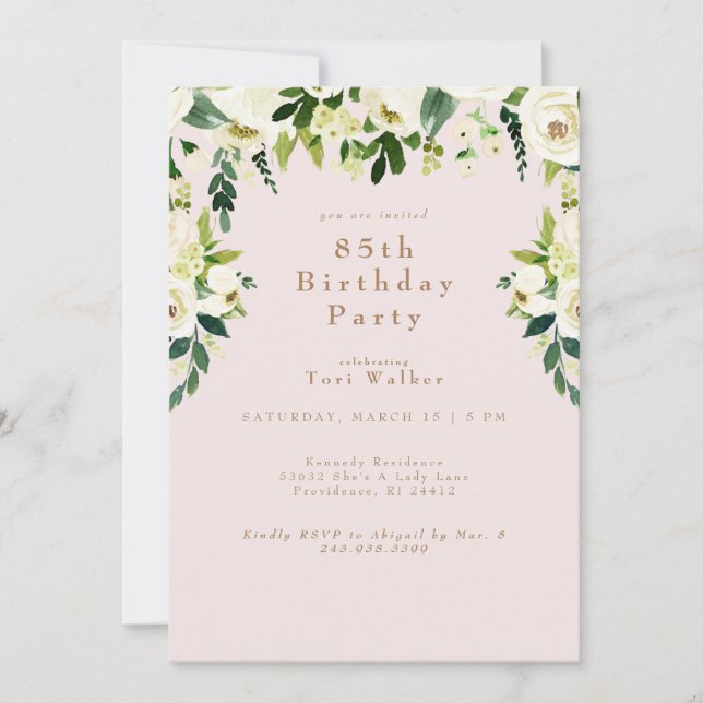 Invitation Blush floral blanc 85e anniversaire de fête Invita (Devant)