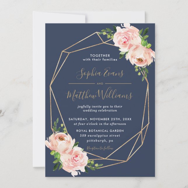 Invitation Blush Floral Botanical Gold Mariage géométrique de (Devant)