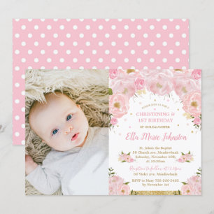 Invitation Blush Floral Christening 1er Anniversaire Photo