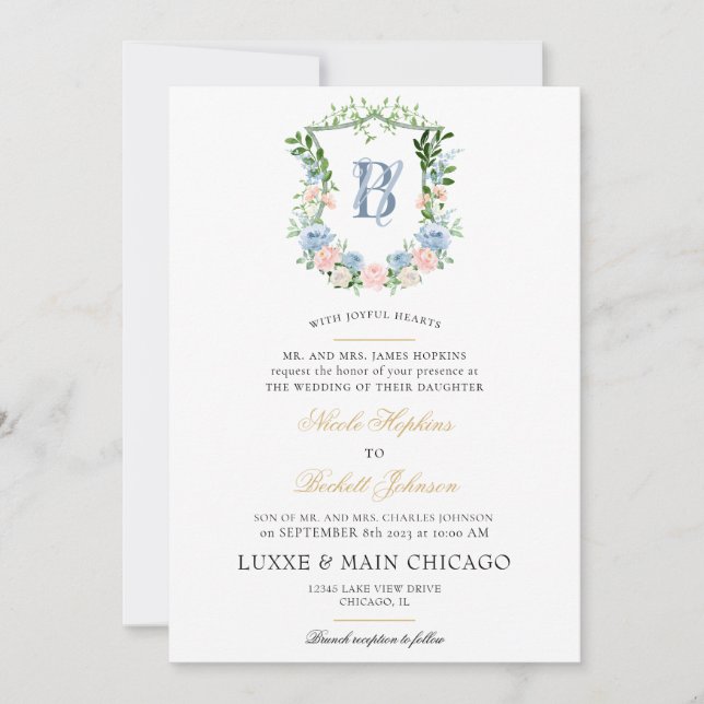 Invitation Blush Floral Crest Mariage (Devant)