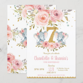 Invitation Blush Floral Cute Elephant Twin Girls 7e anniversa