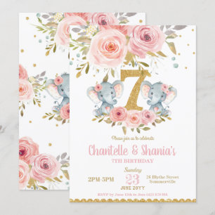 Invitation Blush Floral Cute Elephant Twin Girls 7e anniversa