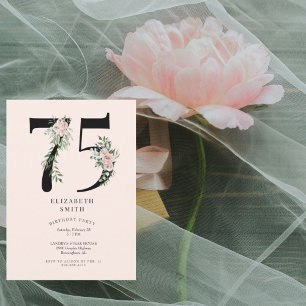 Invitation Blush Floral Élégant 75e fête d'anniversaire