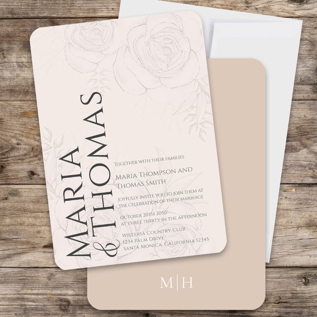 Invitation Blush Floral Élégant Mariage Personnalisé (Modern style typography wedding invitation with classic blush floral background, )