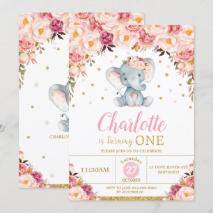Invitation Blush Floral Elephant 1er Anniversaire Gold Partie