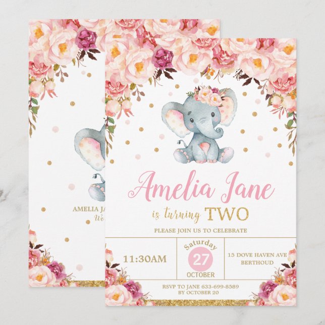 Invitation Blush Floral Elephant 2e Anniversaire Gold Parties (Devant / Derrière)