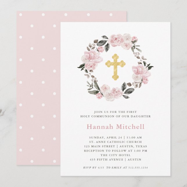 Invitation Blush Floral et Gold Cross | Première sainte commu (Devant / Derrière)