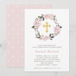 Invitation Blush Floral et Gold Cross   Première sainte commu