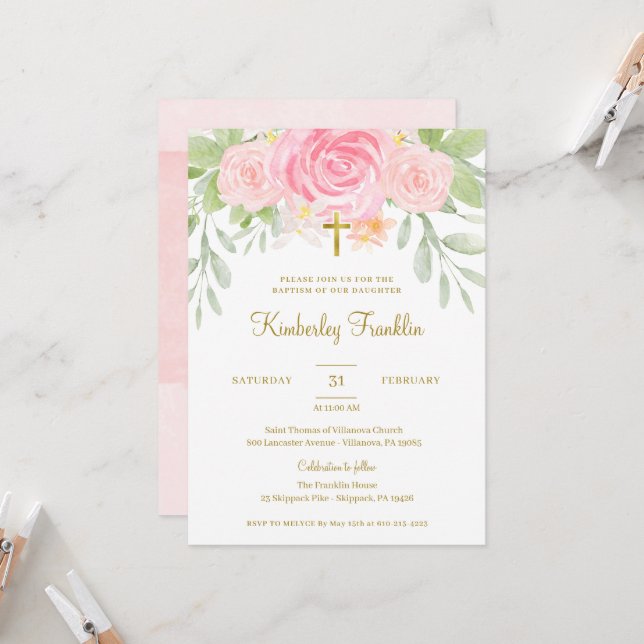 Invitation Blush Floral et Gold Foil Girls Baptism Communion (Devant/Arrière en situation)