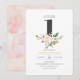Invitation Blush Floral & Eucalyptus Fille 1er anniversaire