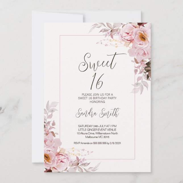 Invitation Blush Floral Frame Sweet 16 Anniversaire Invitatio (Devant)