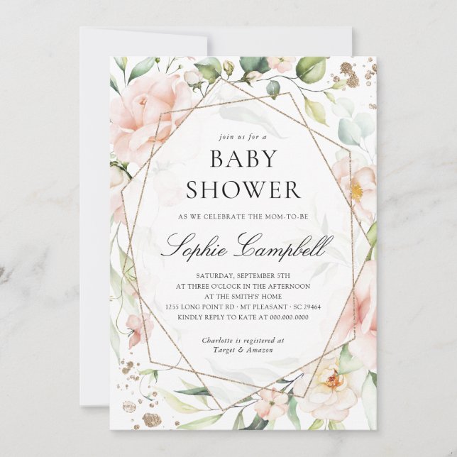 Invitation Blush Floral Green Girl Baby shower rustique (Devant)