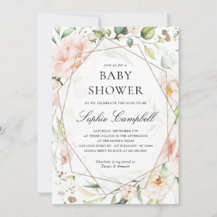 Invitation Blush Floral Green Girl Baby shower rustique