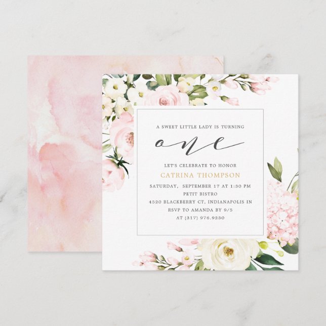 Invitation Blush Floral Greenery Fille 1er fête d'anniversair (Devant / Derrière)