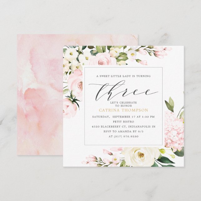 Invitation Blush Floral Greenery Girl 3e fête d'anniversaire (Devant / Derrière)