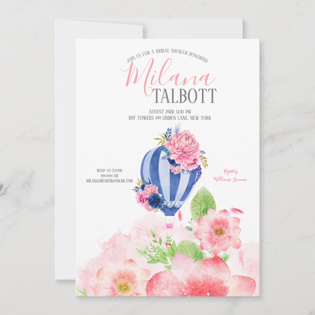Invitation Blush Floral Hot Air ballon nuptiale douche (Devant)
