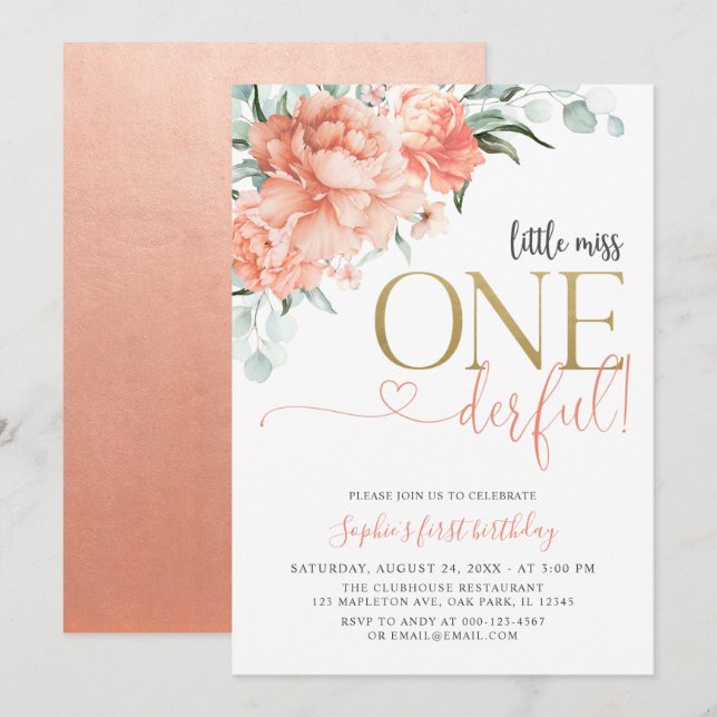 Invitation Blush Floral Little Miss Onederday 1er anniversair (Devant / Derrière)